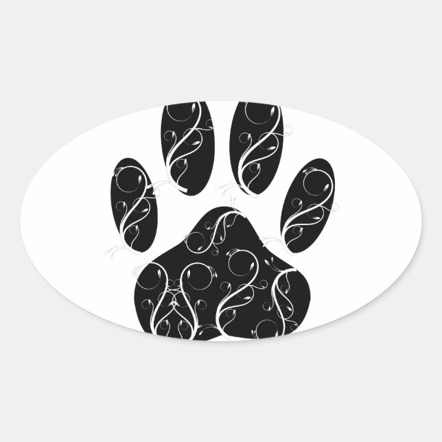 Black Dog Paw Print With White Flourishes Oval Sticker (Front)