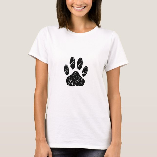 Black Dog Paw Print With White Flourishes T-Shirt (Front)