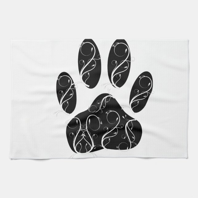 Black Dog Paw Print With White Flourishes Tea Towel (Horizontal)
