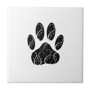 Black Dog Paw Print With White Flourishes Tile