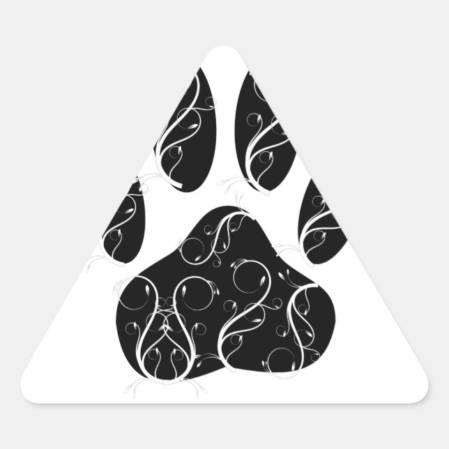 Black Dog Paw Print With White Flourishes Triangle Sticker (Front)