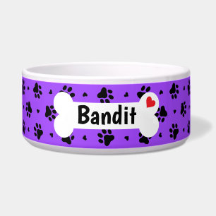 Black Dog Paw Prints and Hearts Pattern Bowl