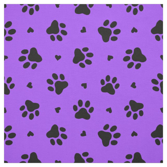 Black Dog Paw Prints and Hearts Pattern Fabric (Swatch)