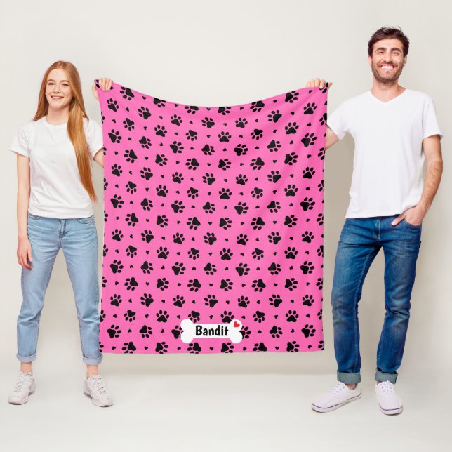 Black Dog Paw Prints and Hearts Pattern Fleece Blanket (In Situ)