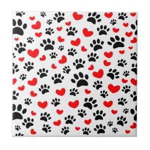 Black Dog Paw Prints And Red Hearts Custom Pet Ceramic Tile
