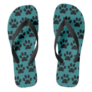 Black Dog Paw Prints On Blue Green Turquoise Thongs