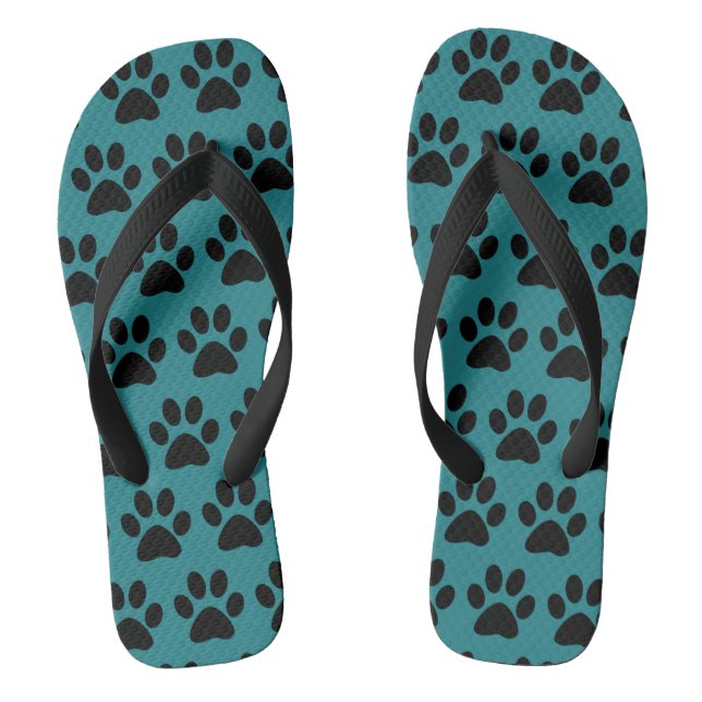 Black Dog Paw Prints On Blue Green Turquoise Thongs (Footbed)