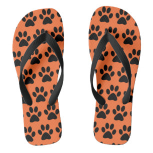 Black Dog Paw Prints On Carrot Orange Thongs