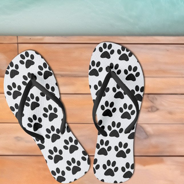 Black Dog Paw Prints On White Thongs (Black Dog Paw Prints Flip Flops Available with thick or thin straps in sizes for men,  women & kids!)