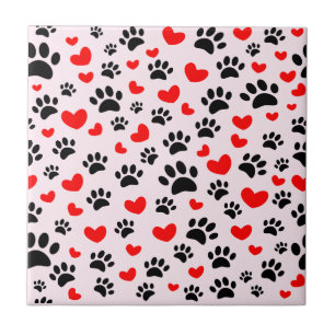 Black Dog Paw Prints Red Hearts Light Pink Ceramic Tile