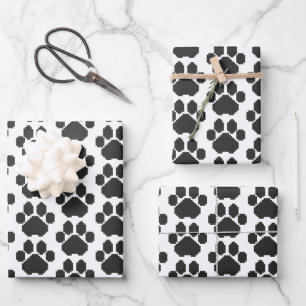Black Dog Pawprint Building Blocks Wrapping Paper Sheet