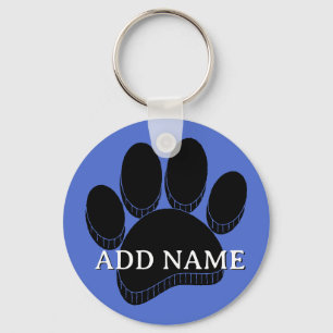 Black Dog Pawprint Hand Drawn Custom Name Blue Key Ring