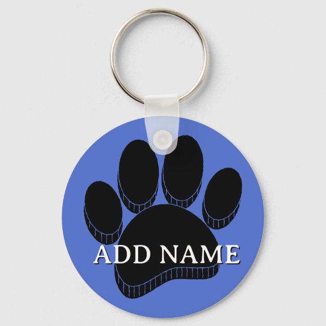 Black Dog Pawprint Hand Drawn Custom Name Blue Key Ring (Front)