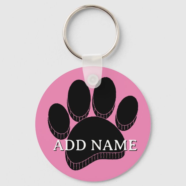 Black Dog Pawprint Hand Drawn Custom Name Pink Key Ring (Back)