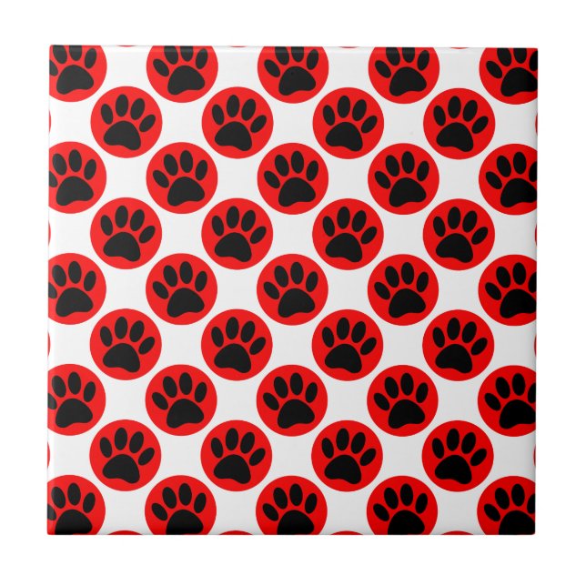 Black Dog Paws In Red Polka Dots Ceramic Tile (Front)