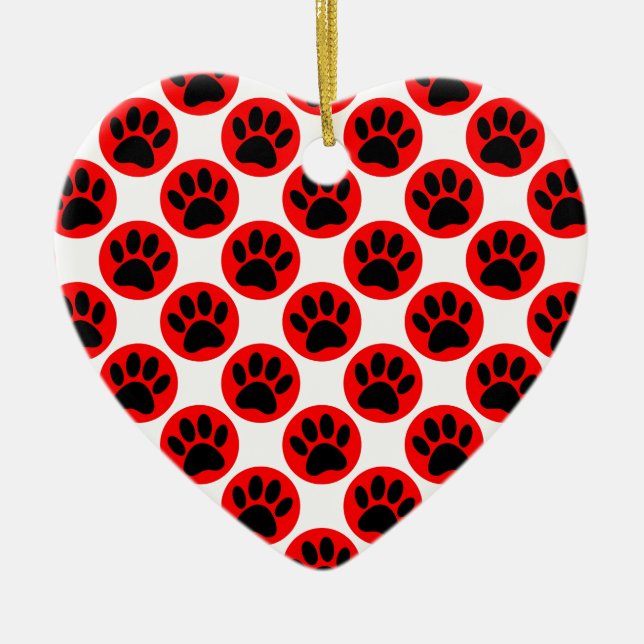 Black Dog Paws In Red Polka Dots Ceramic Tree Decoration (Front)