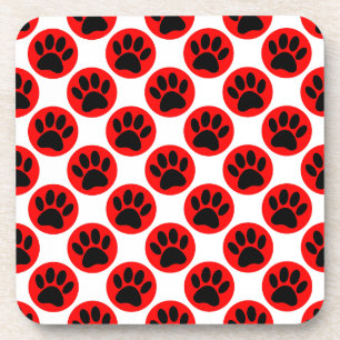 Black Dog Paws In Red Polka Dots Coaster