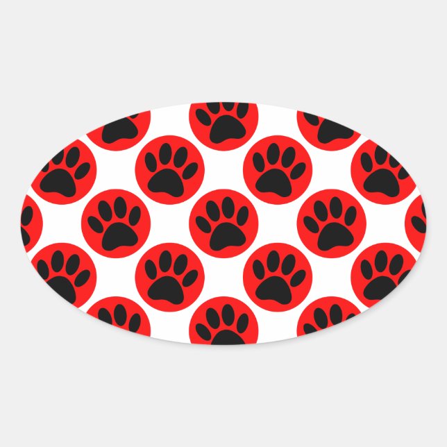 Black Dog Paws In Red Polka Dots Oval Sticker (Front)