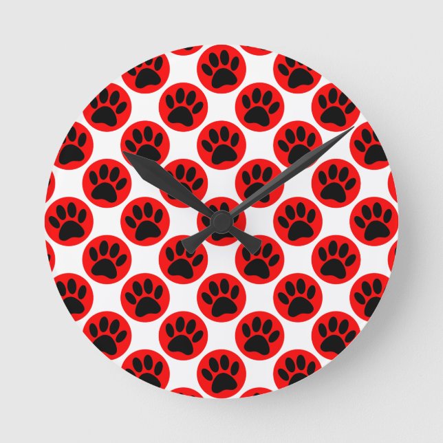 Black Dog Paws In Red Polka Dots Round Clock (Front)