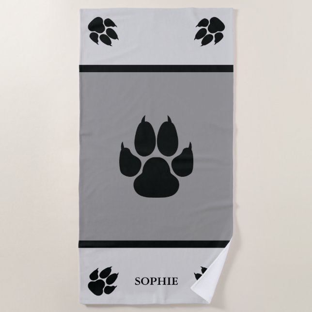 Black Dog Paws On Grey With Custom Name Beach Towel (Front)