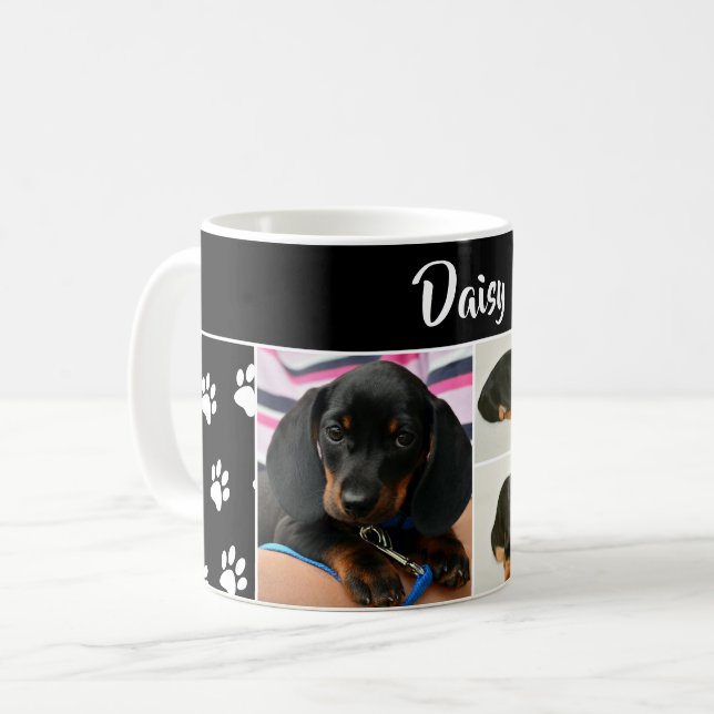 Black Dog Pet Lover Photo Collage Pawprint Cute Coffee Mug (Front Left)
