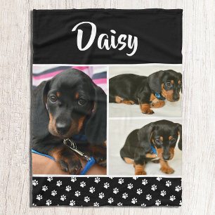 Black Dog Pet Lover Photo Collage Pawprint Fleece Blanket