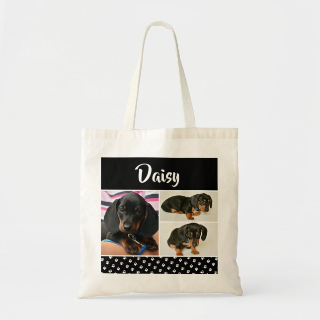 Black Dog Pet Lover Photo Collage Pawprint Tote Bag (Front)