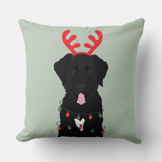 Black Dog Reindeer Christmas Lights Cushion (Front)
