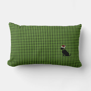 Black Dog Santa Hat Christmas Green Check Festive Lumbar Cushion