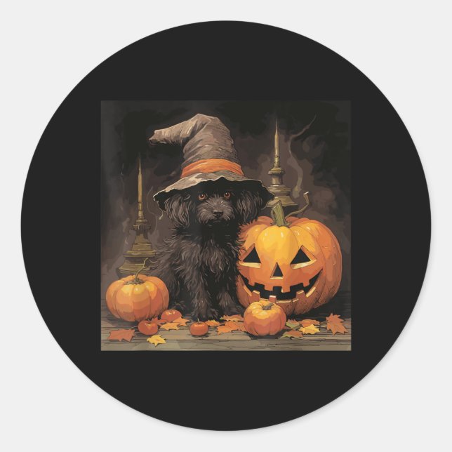 Black Dog Witch Hat Halloween Classic Round Sticker (Front)