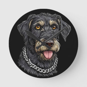 Black Dog With Chain Necklace Round Clock