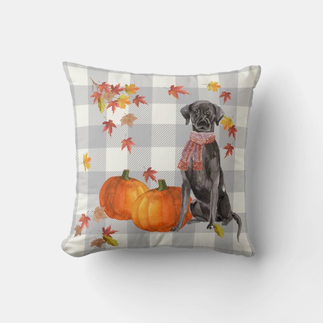Black Dog with Pumpkins Falling Leaves Gray Check Cushion (Front)