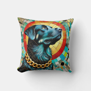 Black Dog With Stained Glass Background Cushion