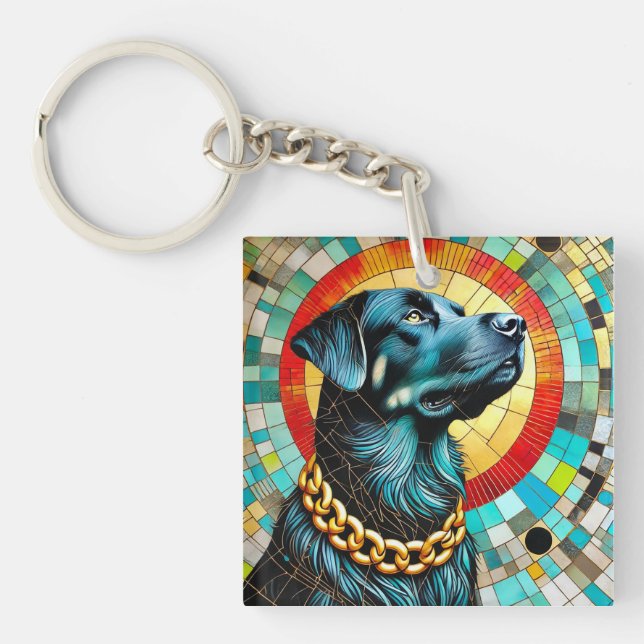 Black Dog With Stained Glass Background Key Ring (Front)