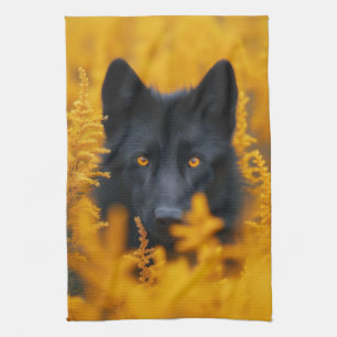 Black Dog with Stunning Gold Eyes Tea Towel
