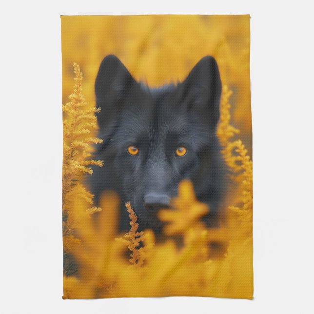 Black Dog with Stunning Gold Eyes Tea Towel (Vertical)