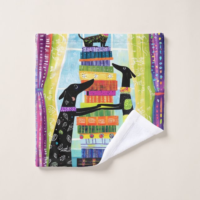 Black Dogs Balancing Book Tower Stack Bath Towel Set (Wash Cloth)