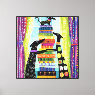 Black Dogs Balancing Book Tower Stack Canvas Print