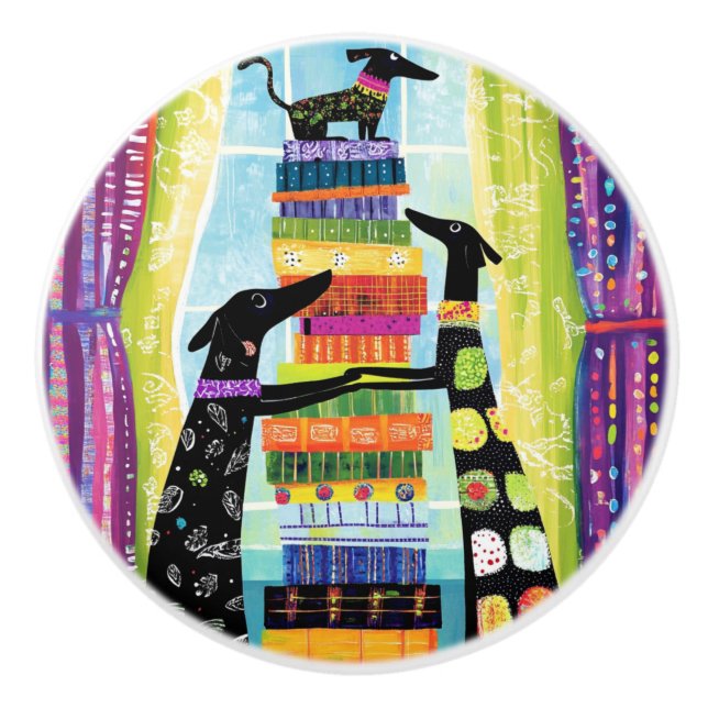 Black Dogs Balancing Book Tower Stack Ceramic Knob (Front)