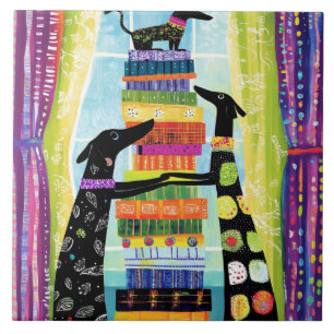 Black Dogs Balancing Book Tower Stack Ceramic Tile