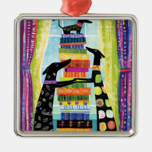 Black Dogs Balancing Book Tower Stack Metal Ornament