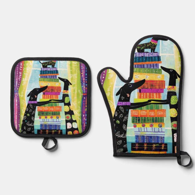 Black Dogs Balancing Book Tower Stack Oven Mitt & Pot Holder Set (Front)