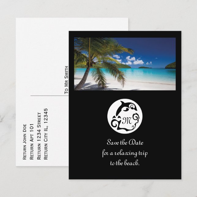 Black Dolphin Silhouette Monogram Photo Invitation Postcard (Front/Back)