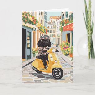 Black Doodle Riding Scooter European City Streets Card