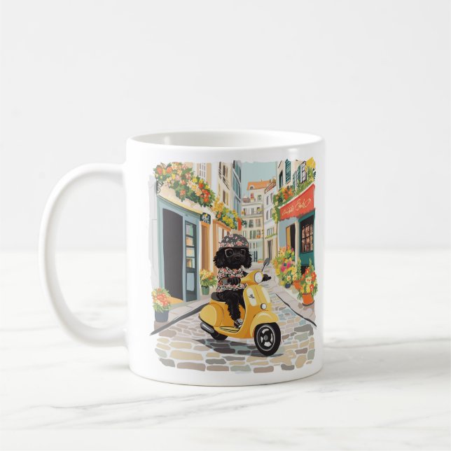 Black Doodle Riding Scooter European City Streets Coffee Mug (Left)