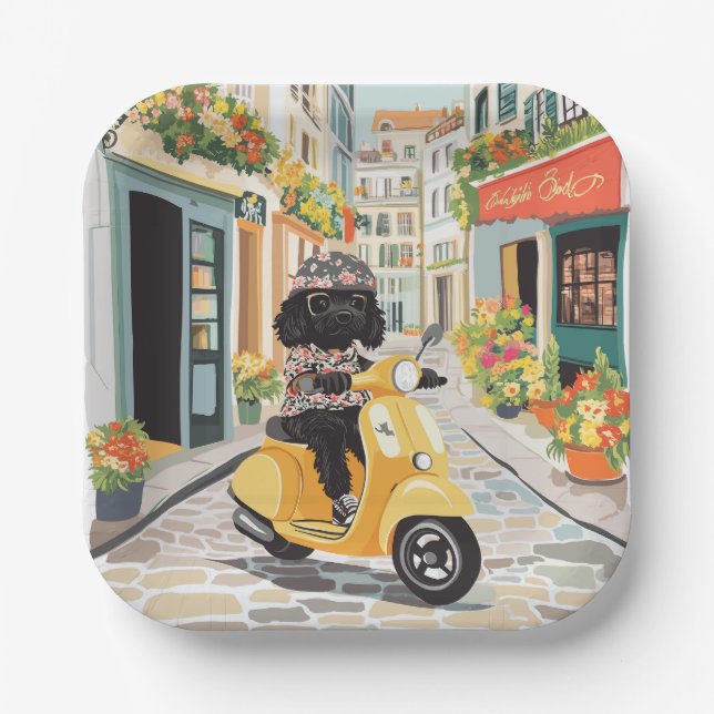 Black Doodle Riding Scooter European City Streets Paper Plate (Front)
