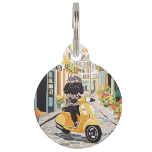 Black Doodle Riding Scooter European City Streets Pet Tag