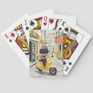 Black Doodle Riding Scooter European City Streets Playing Cards