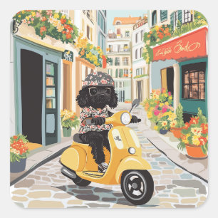 Black Doodle Riding Scooter European City Streets Square Sticker