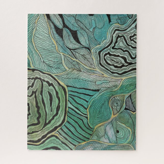 Black doodled Leaves on Teal and Gold Puzzle (Vertical)